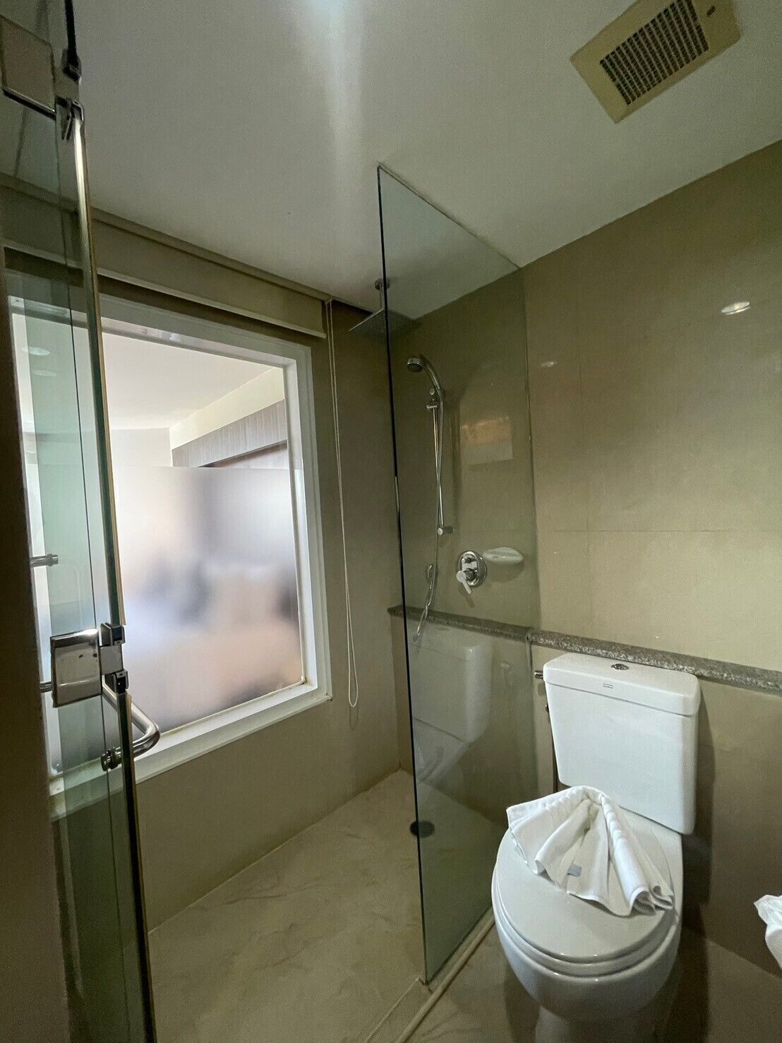A bathroom with a glass-enclosed shower, a toilet, and a window.