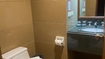 Un baño con inodoro, lavamanos y espejo.
