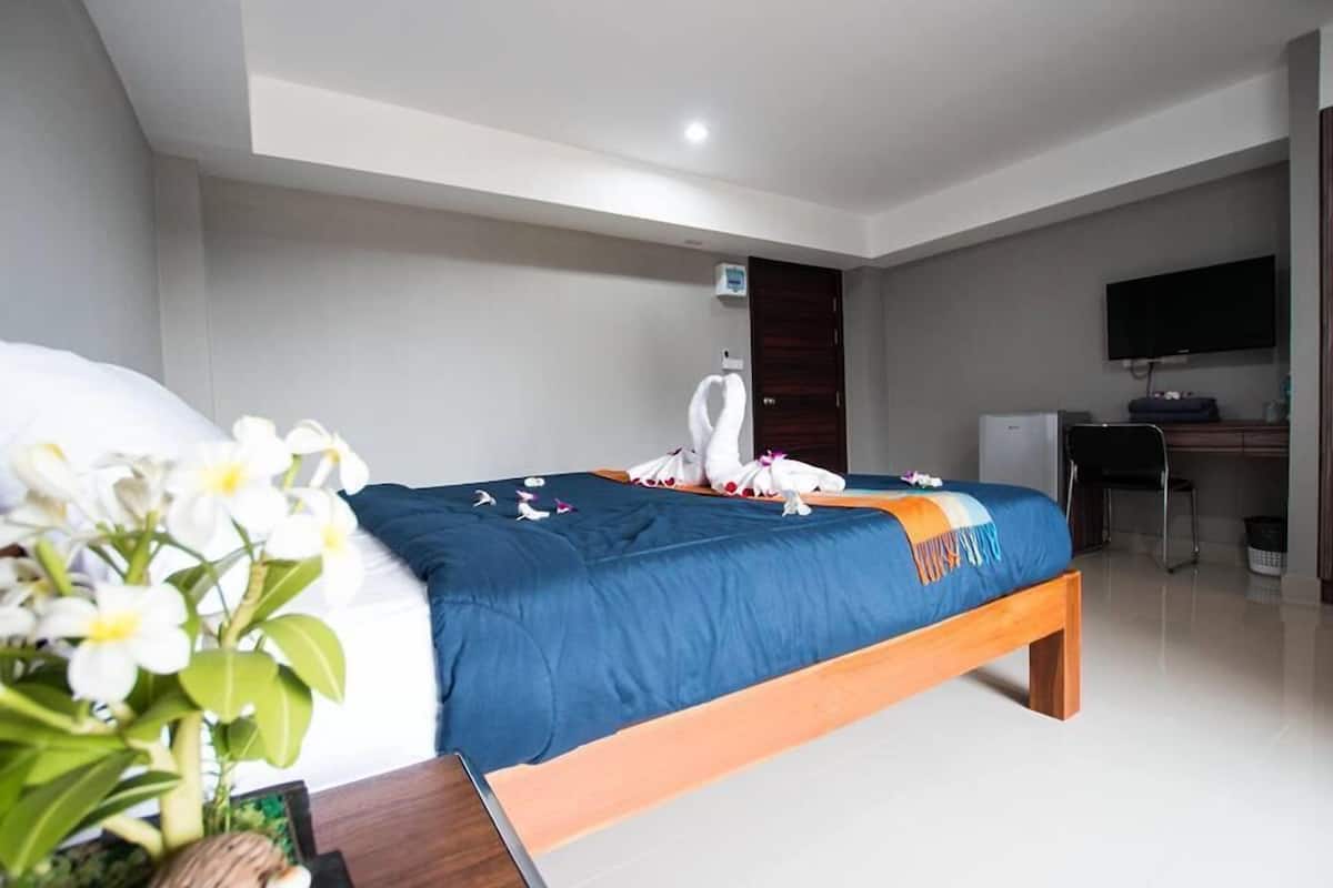 A hotel room with a bed, a desk, a television, and a small plant.