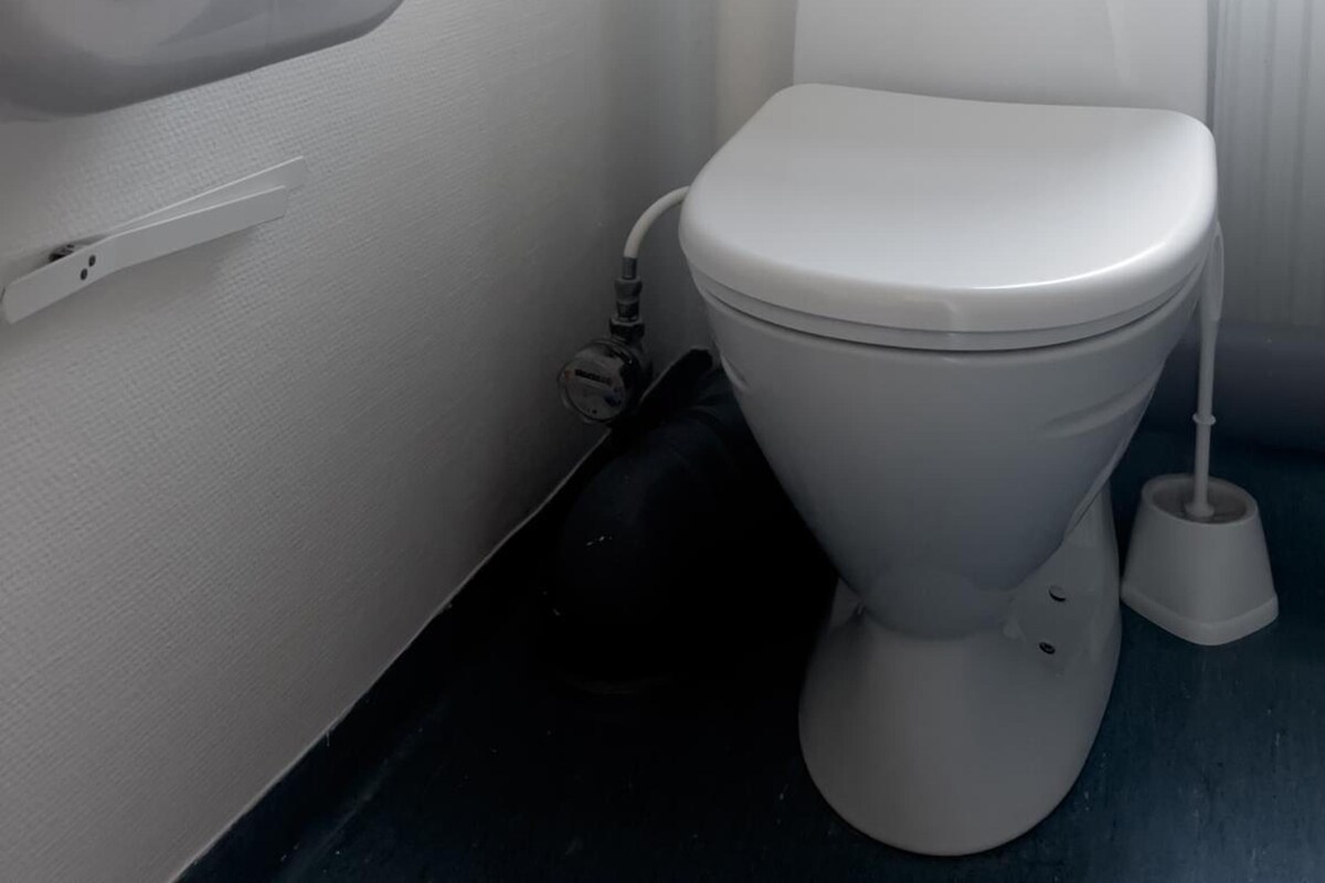 A white toilet with a bidet attachment, a toilet paper holder, and a plunger on the floor.