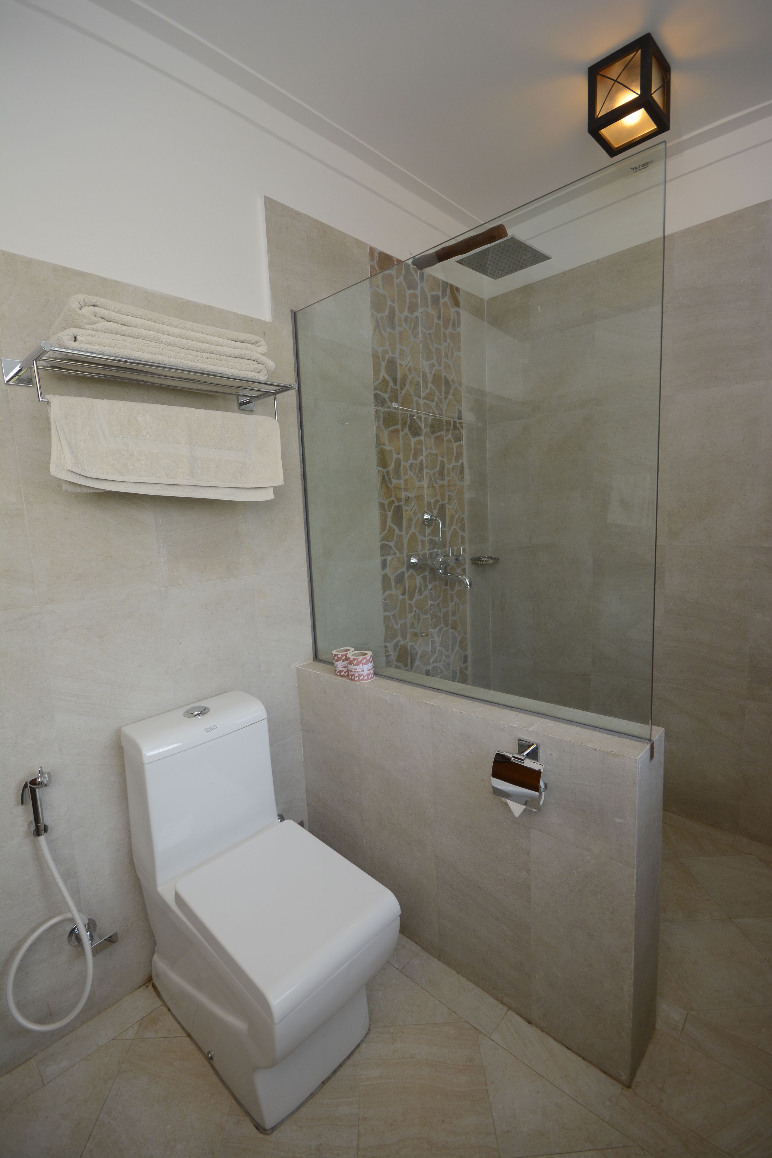 Un baño moderno con ducha envuelta en vidrio, inodoro y perchero.
