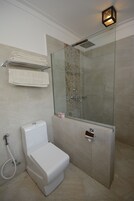 Un baño moderno con ducha envuelta en vidrio, inodoro y perchero.