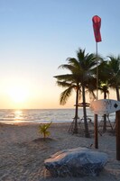 Escena de playa con un letrero del Resort Chalom, palmeras y un atardecer.