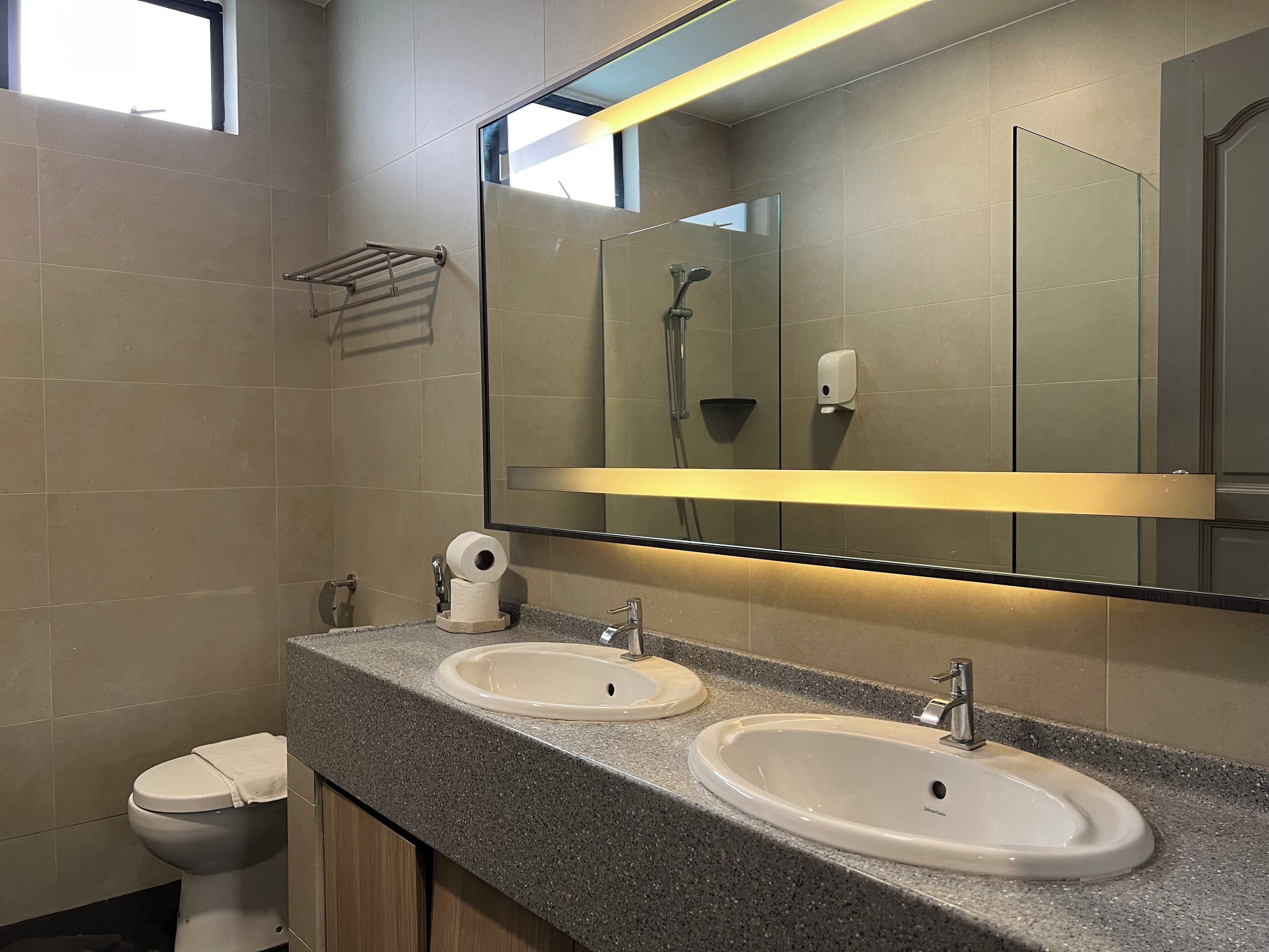A modern bathroom with two sinks, a toilet, and a large mirror.