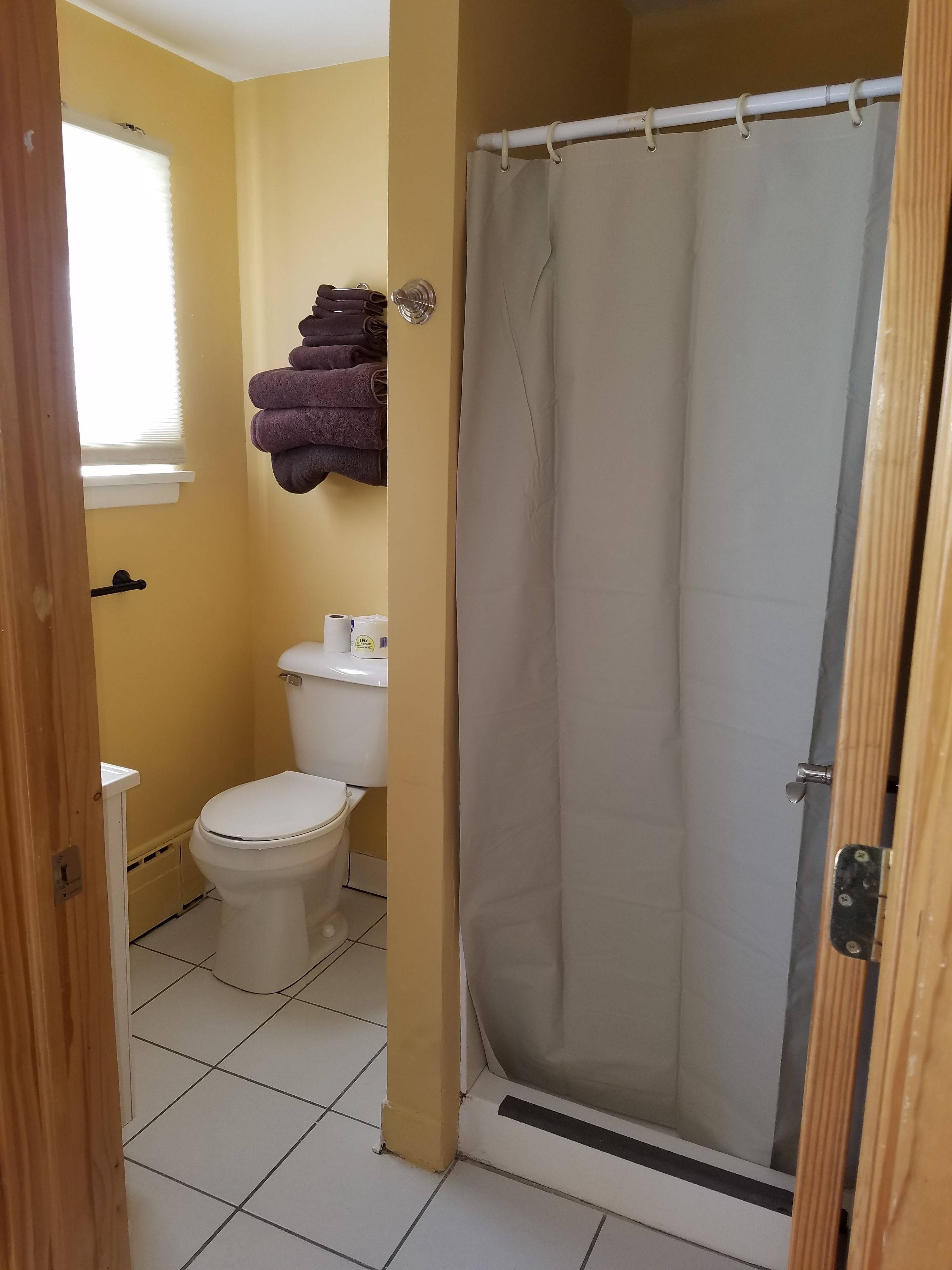 Een badkamer met toilet, douchegordijn en raam met zonwering.