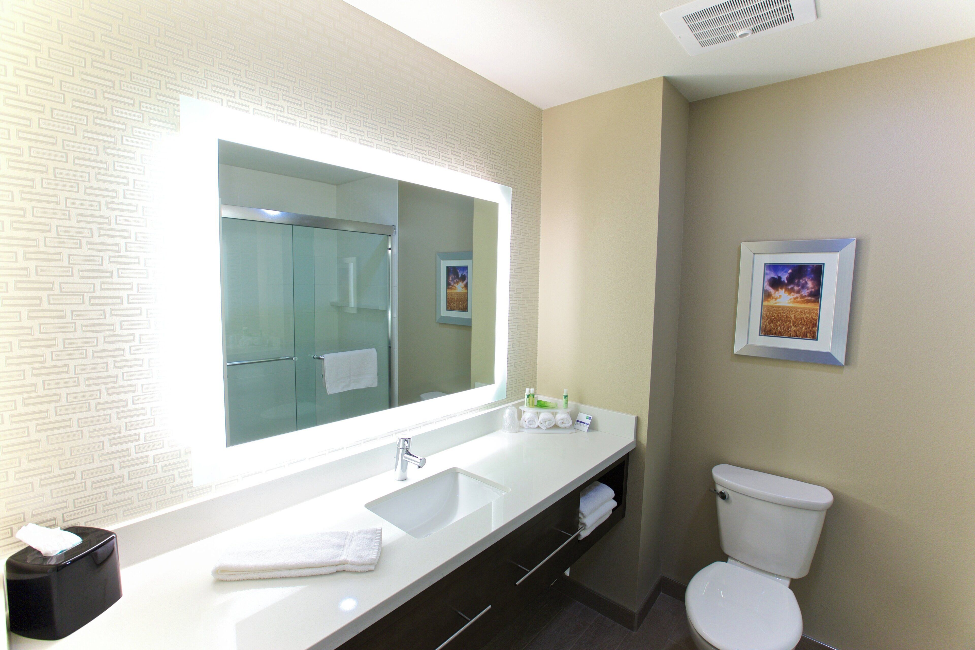 Un baño de hotel con un espejo grande, un lavamanos blanco, un inodoro y un cuadro en la pared.