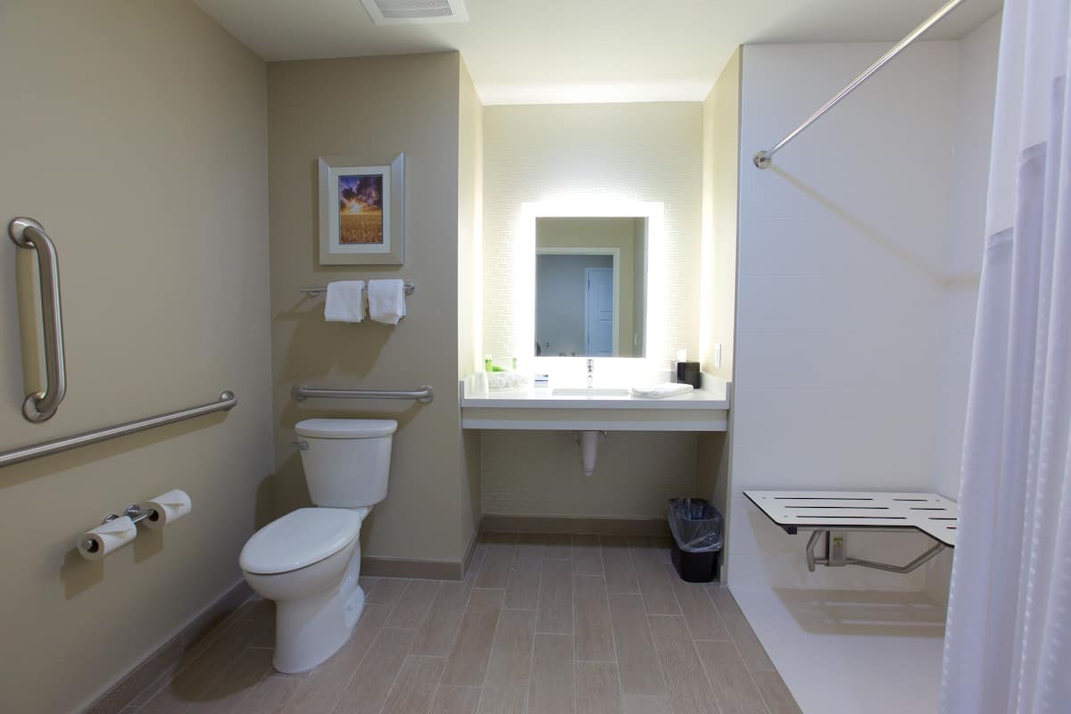 A bathroom with a toilet, sink, and shower.