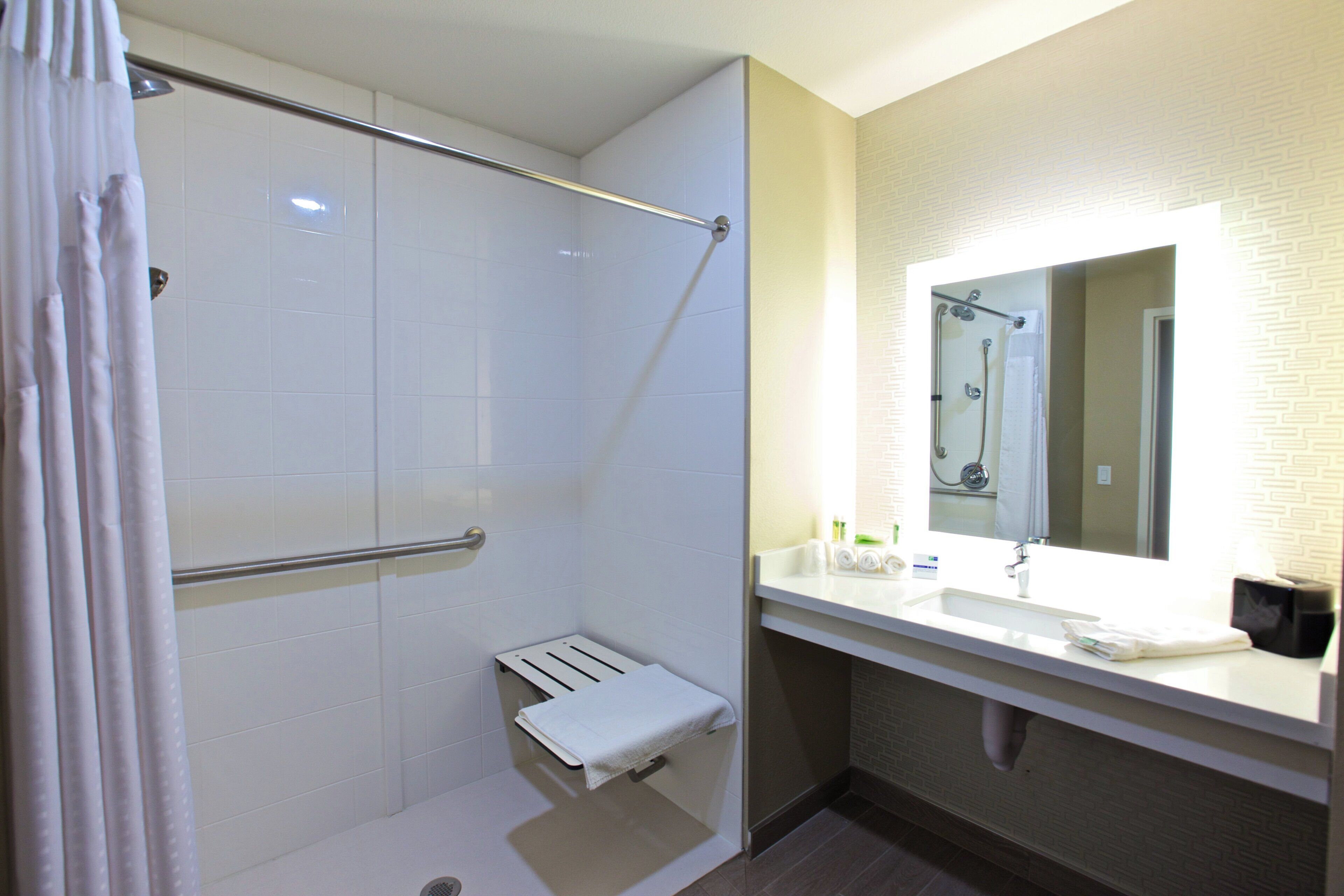A bathroom with a shower, a toilet, a sink, and a mirror.