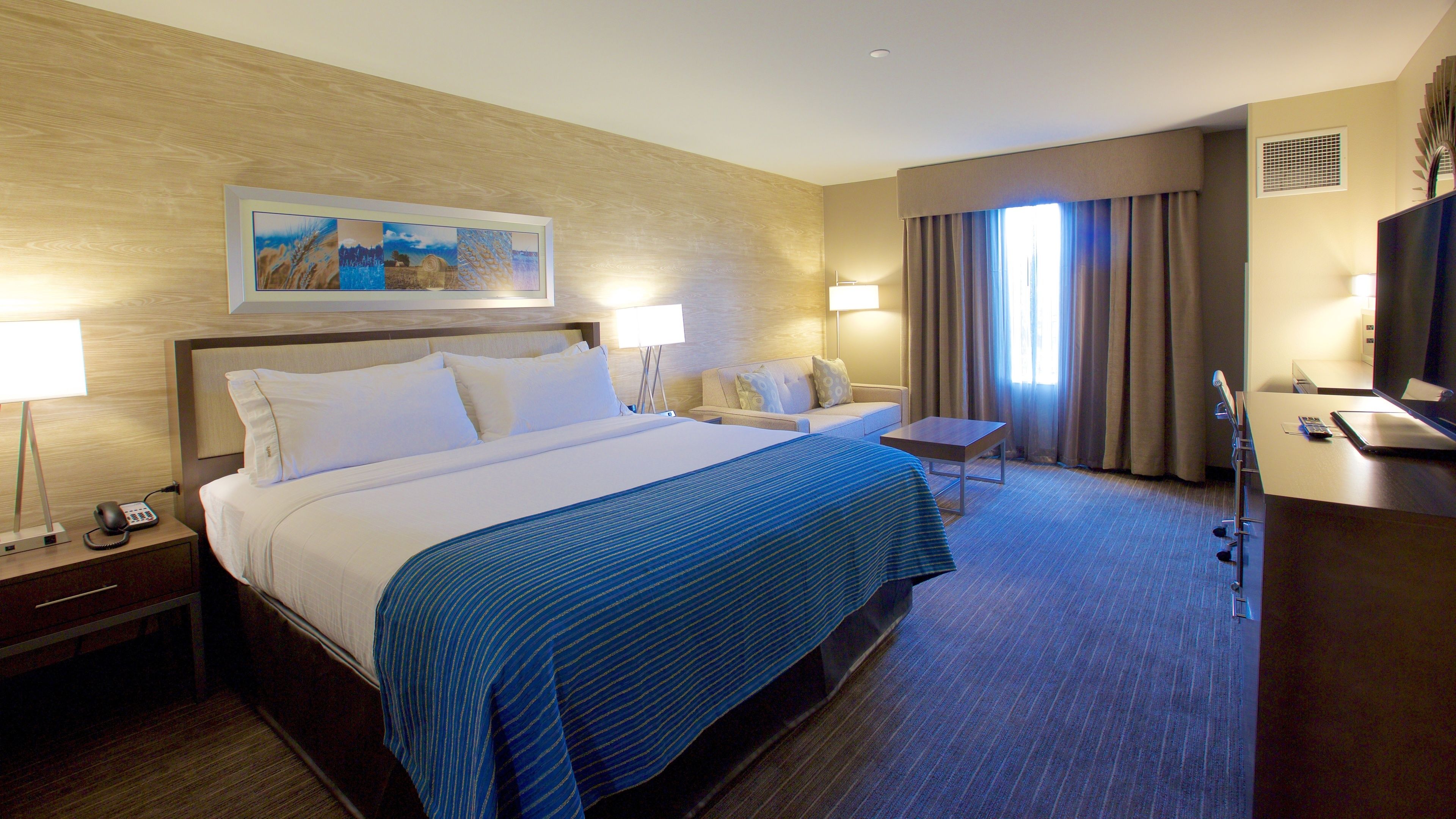 A hotel room with a large bed, a desk, a chair, a TV, and a painting on the wall.