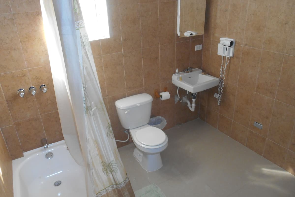 deluxe double room | bathroom | combined shower/bathtub, spring water bathtub, rainfall showerhead
