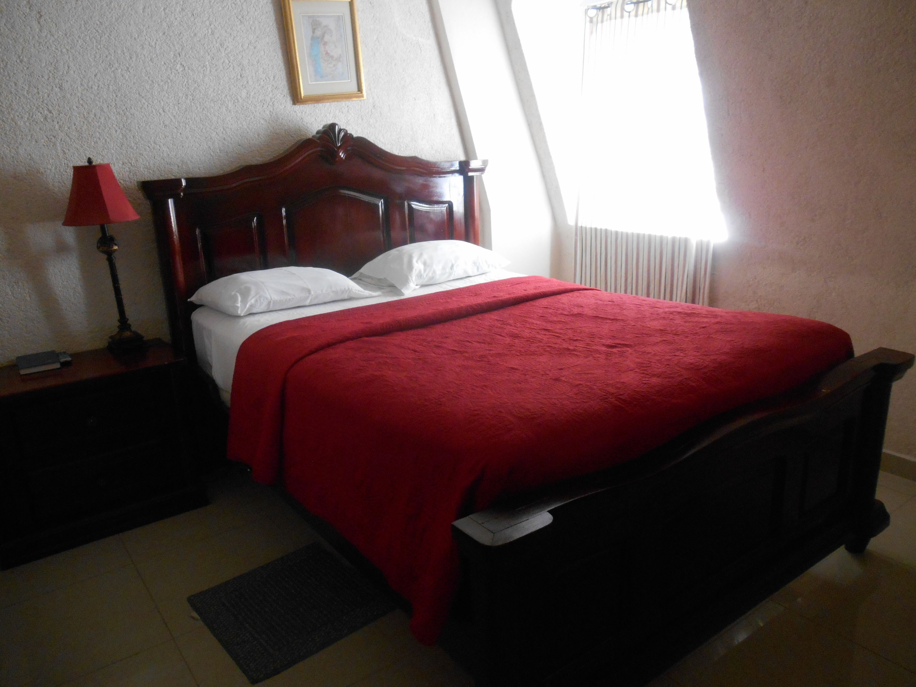 A neatly made bed with a red blanket and white pillows, a wooden headboard, a bedside table with a lamp, and a framed picture on the wall.