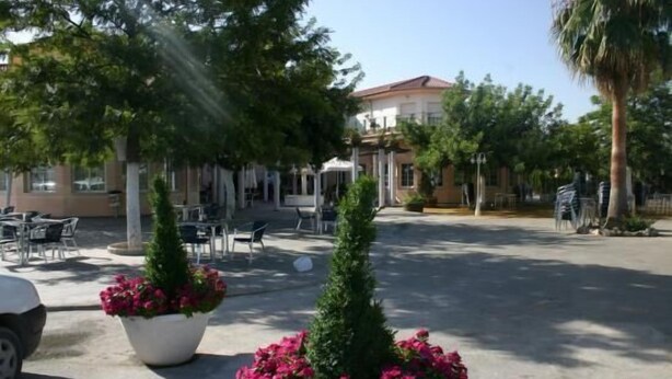 An outdoor seating area with tables and chairs, surrounded by potted plants and trees. - Hotel Mitra (Cabra)