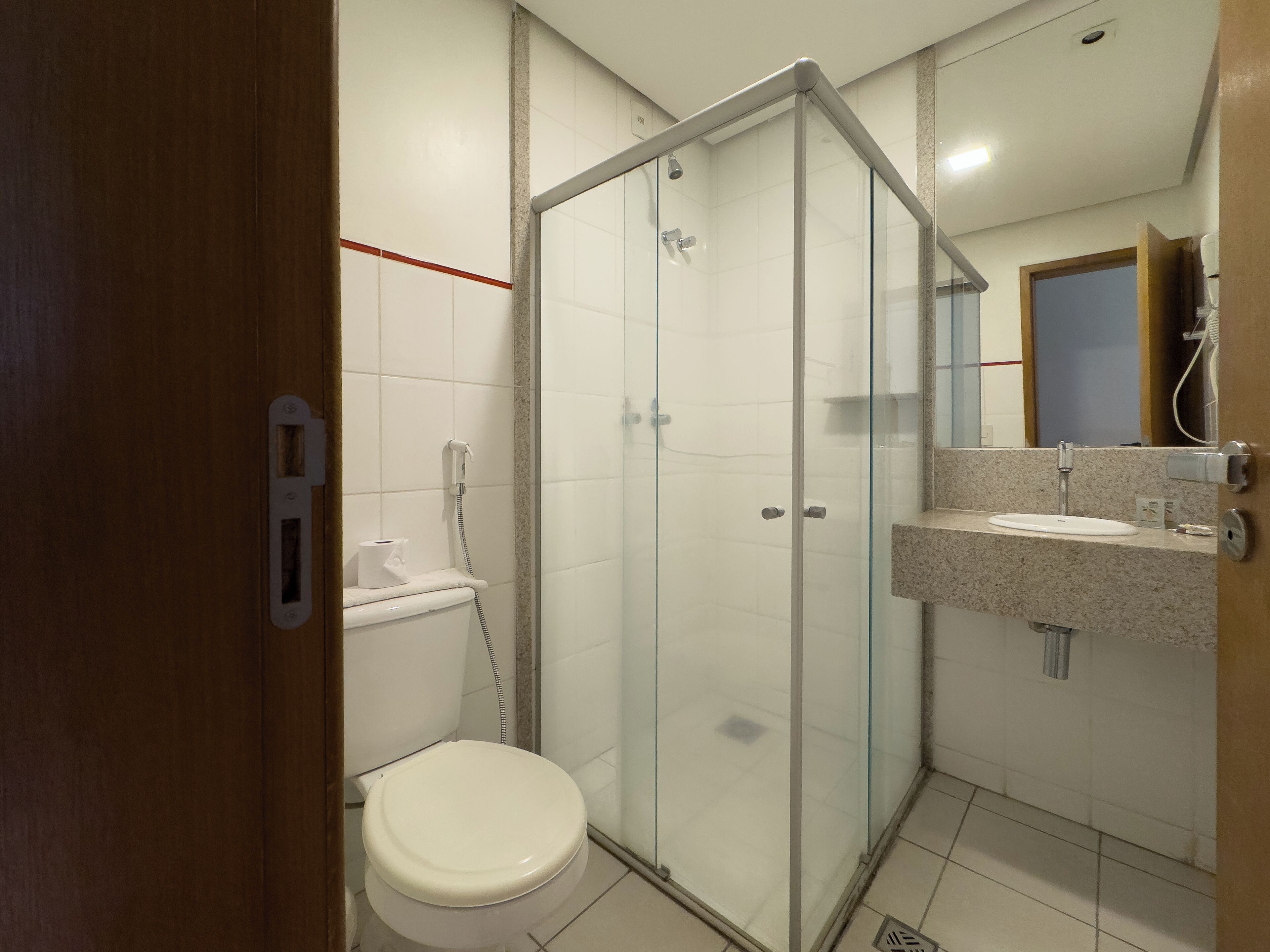 A bathroom with a glass-enclosed shower, a toilet, and a sink with a mirror above it.