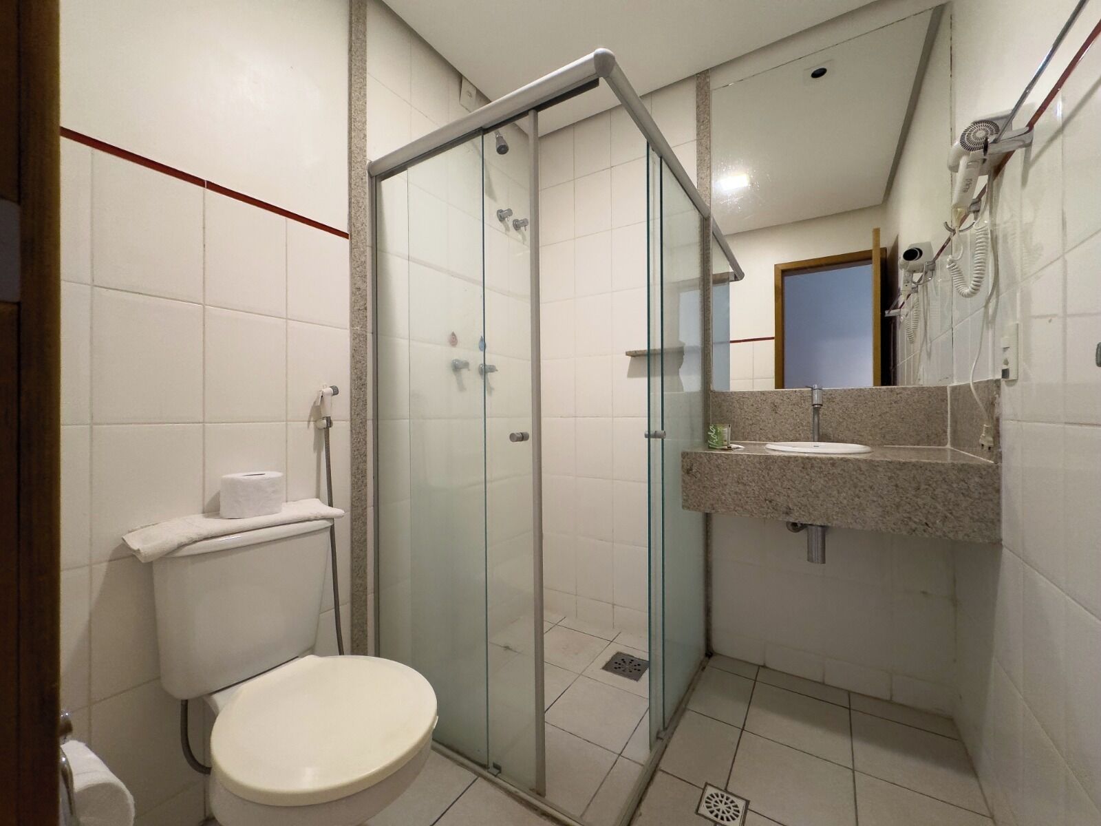 A bathroom with a glass-enclosed shower, a toilet, and a sink with a mirror above it.