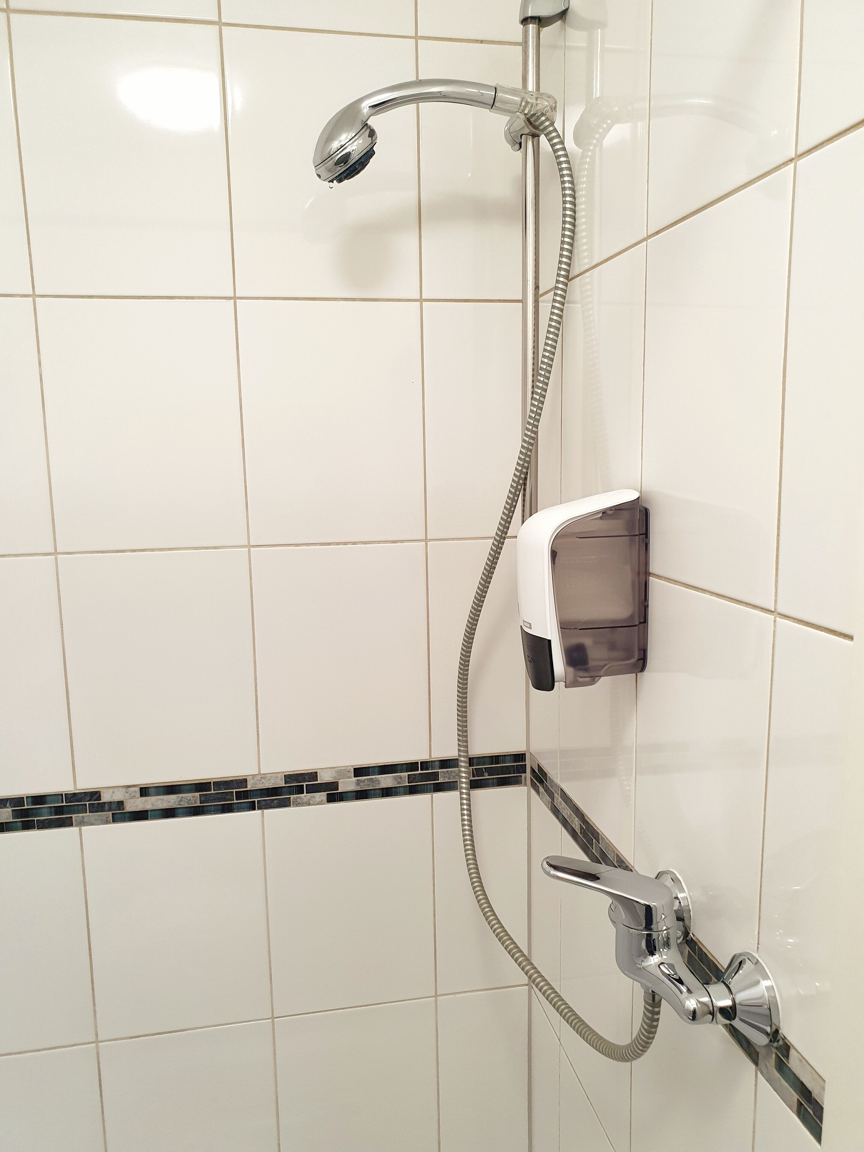 Eine Dusche mit Handbrause und Duschhandstück.