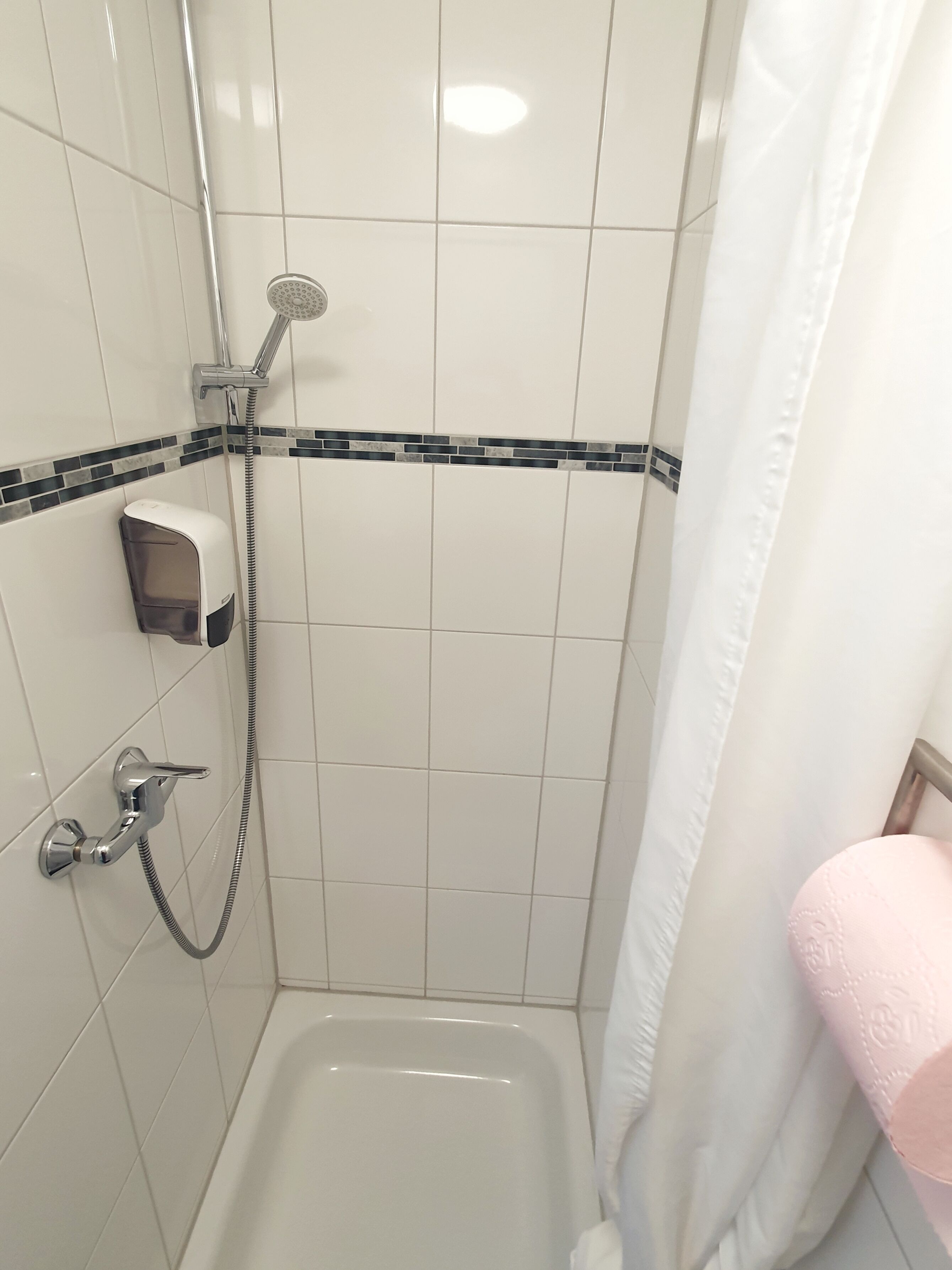 Un área de ducha con cabezal de ducha de mano, grifo de mano y dispensador de jabón.