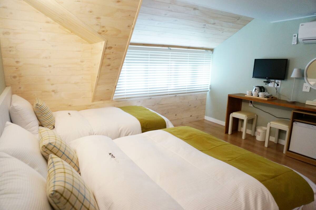 Un dormitorio con dos camas, un escritorio, un televisor y una pequeña kitchenette.