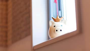 A piggy bank with a crown on a window sill.