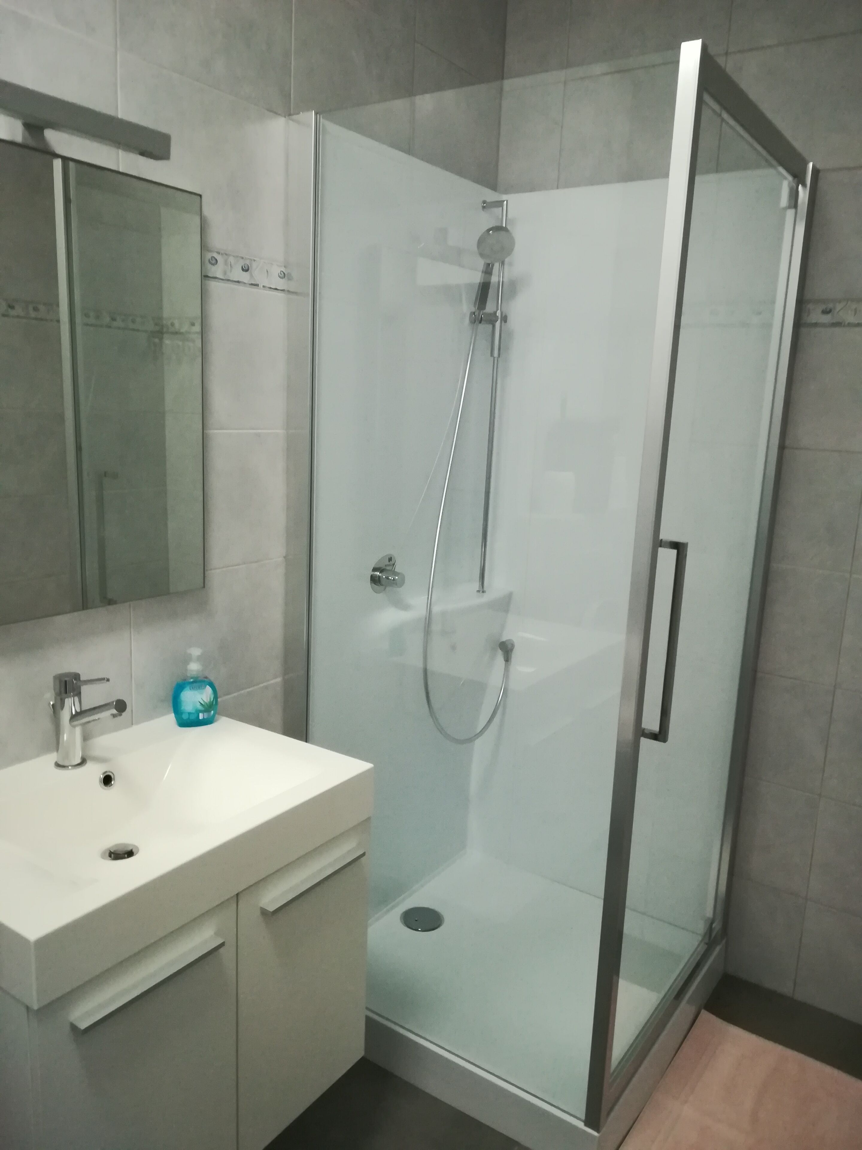Une salle de bain moderne avec une douche à parois de verre, un lavabo blanc et un miroir au-dessus.