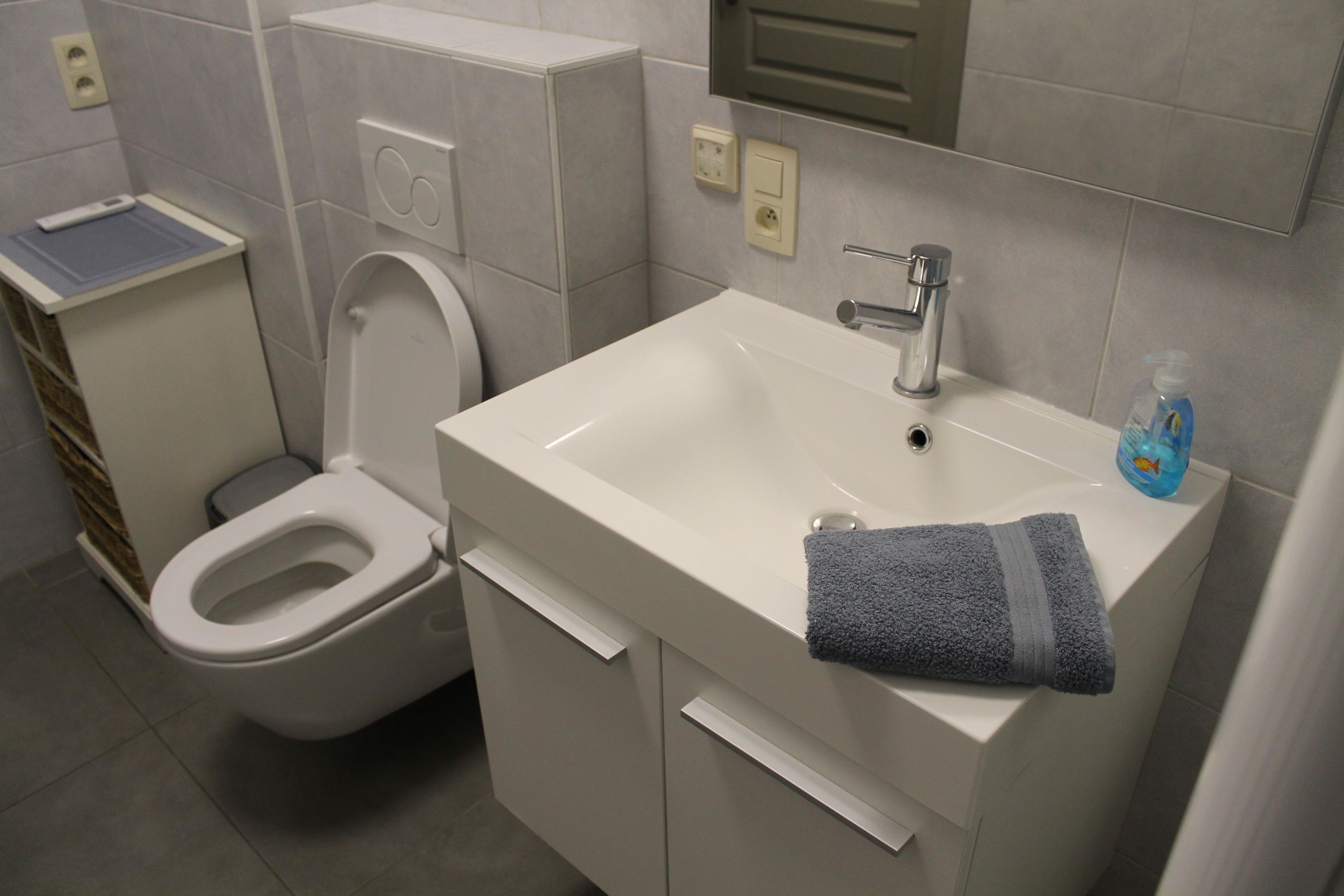 A bathroom with a toilet, sink, and towel.