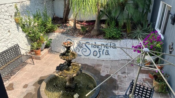 A courtyard with a fountain, potted plants, and a wall with graffiti. - Residencia Sofía (Querétaro)