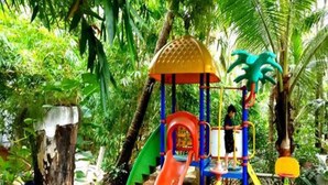 Un terrain de jeux avec un toboggan et des structures d’escalade, entouré d’une végétation luxuriante.