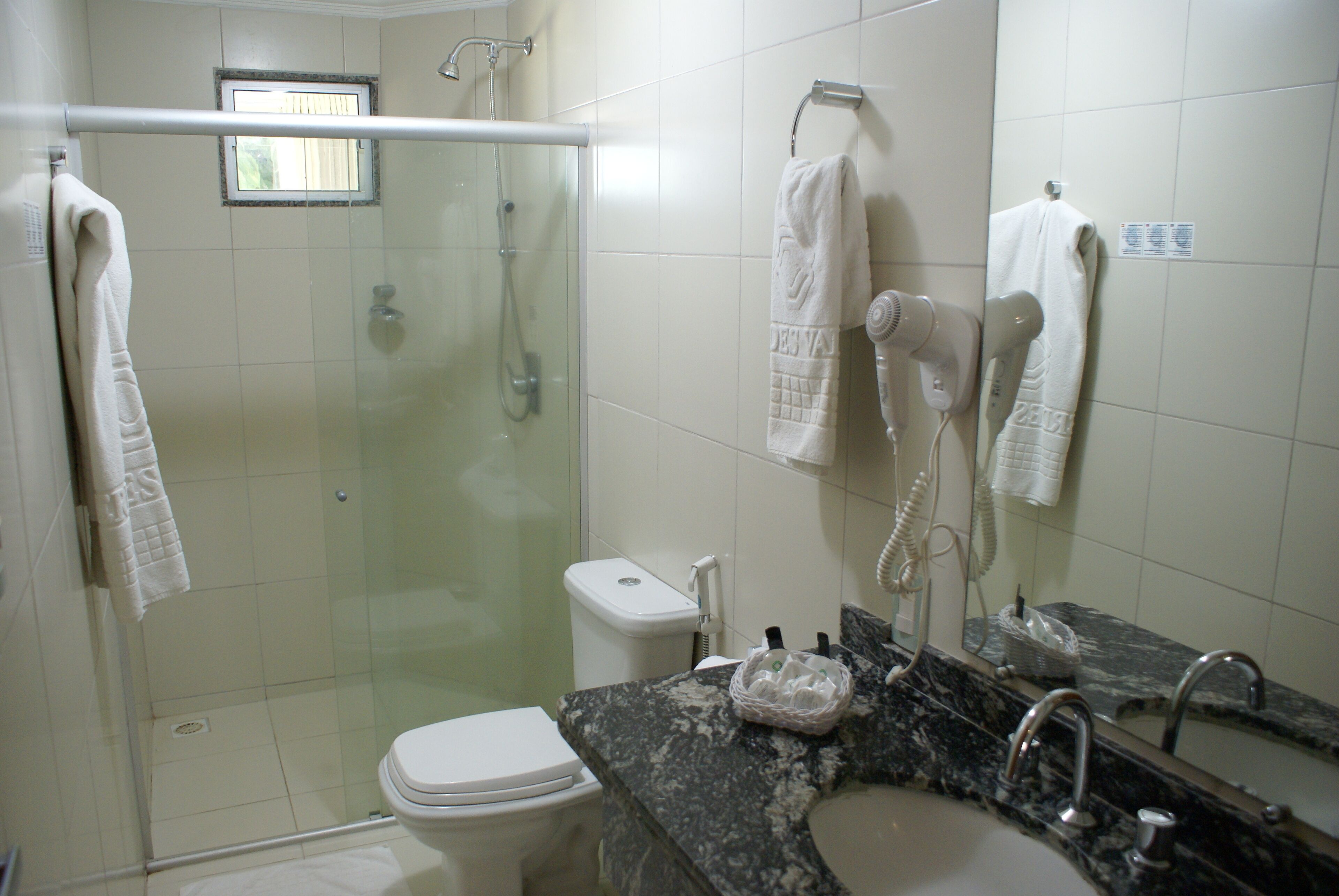A bathroom with a glass-enclosed shower, a toilet, a sink with a marble countertop, and a mirror.