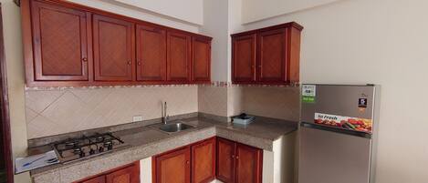 A compact kitchen with wooden cabinets, a stainless steel refrigerator, and a gas stove.