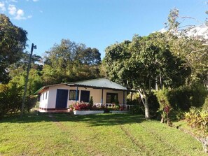 A single-story house with a flat roof, surrounded by a well-maintained lawn and various trees. - Hotel Villa Paz (San Francisco)