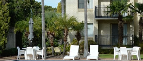 Outdoor pool, sun loungers