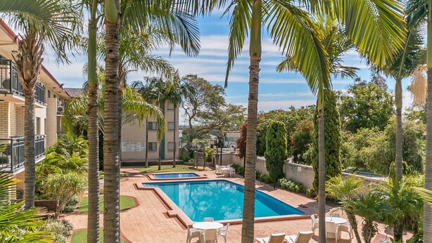 Ein Swimmingpool, umgeben von Palmen und einer Pflasterterrasse mit Liegestühlen.