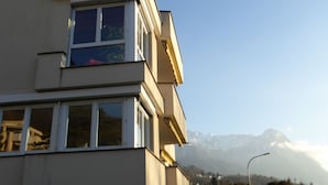 A building with a flat roof and large windows, with a mountain in the background.