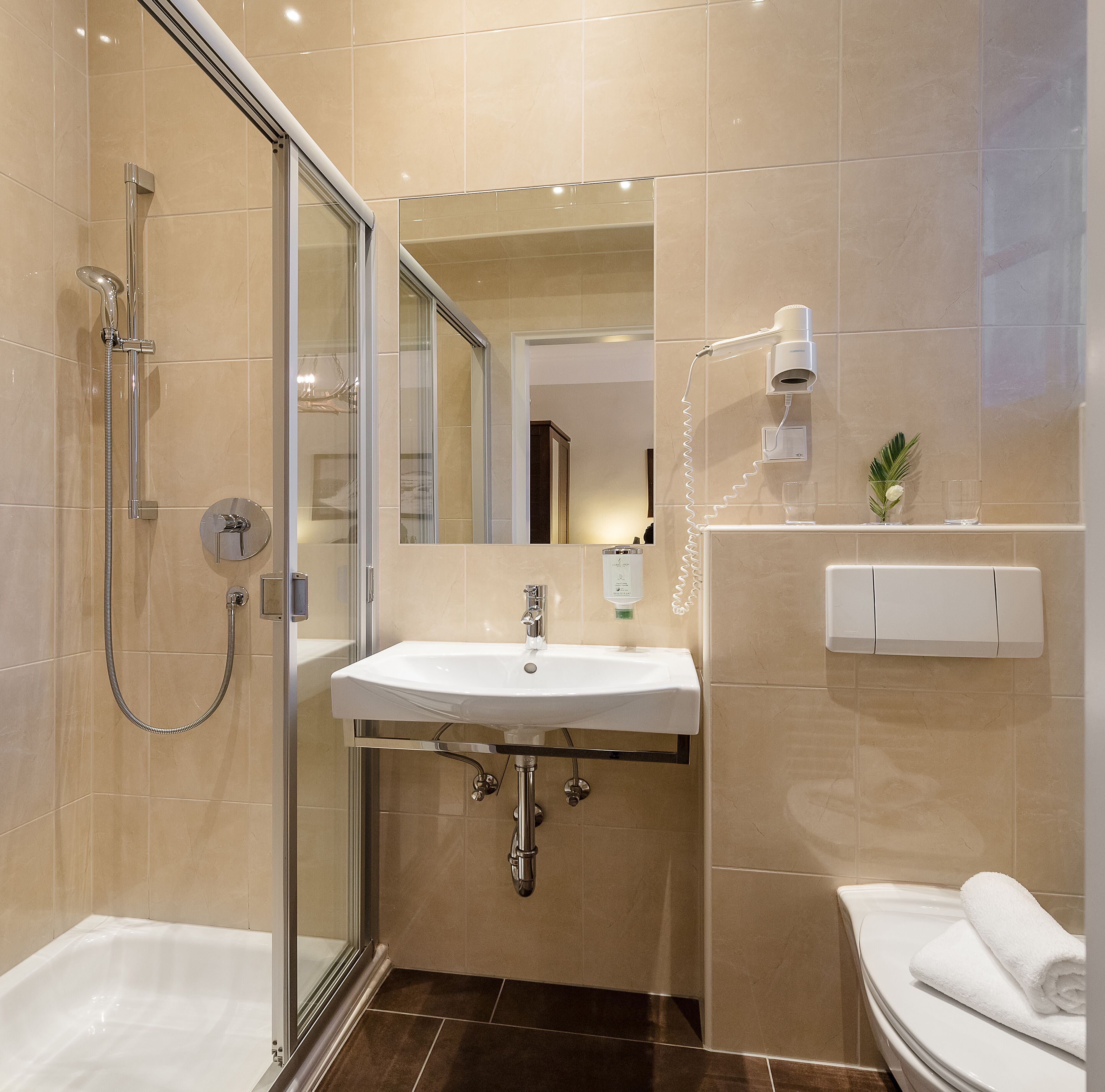 triple room | bathroom | shower, hair dryer, towels
