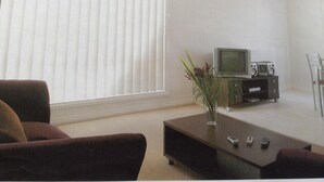 Ein Wohnzimmer mit einem dunkelbraunen Sofa, einem kleinen Couchtisch, einem Fernseher auf einem Schrank und einer Pflanze.