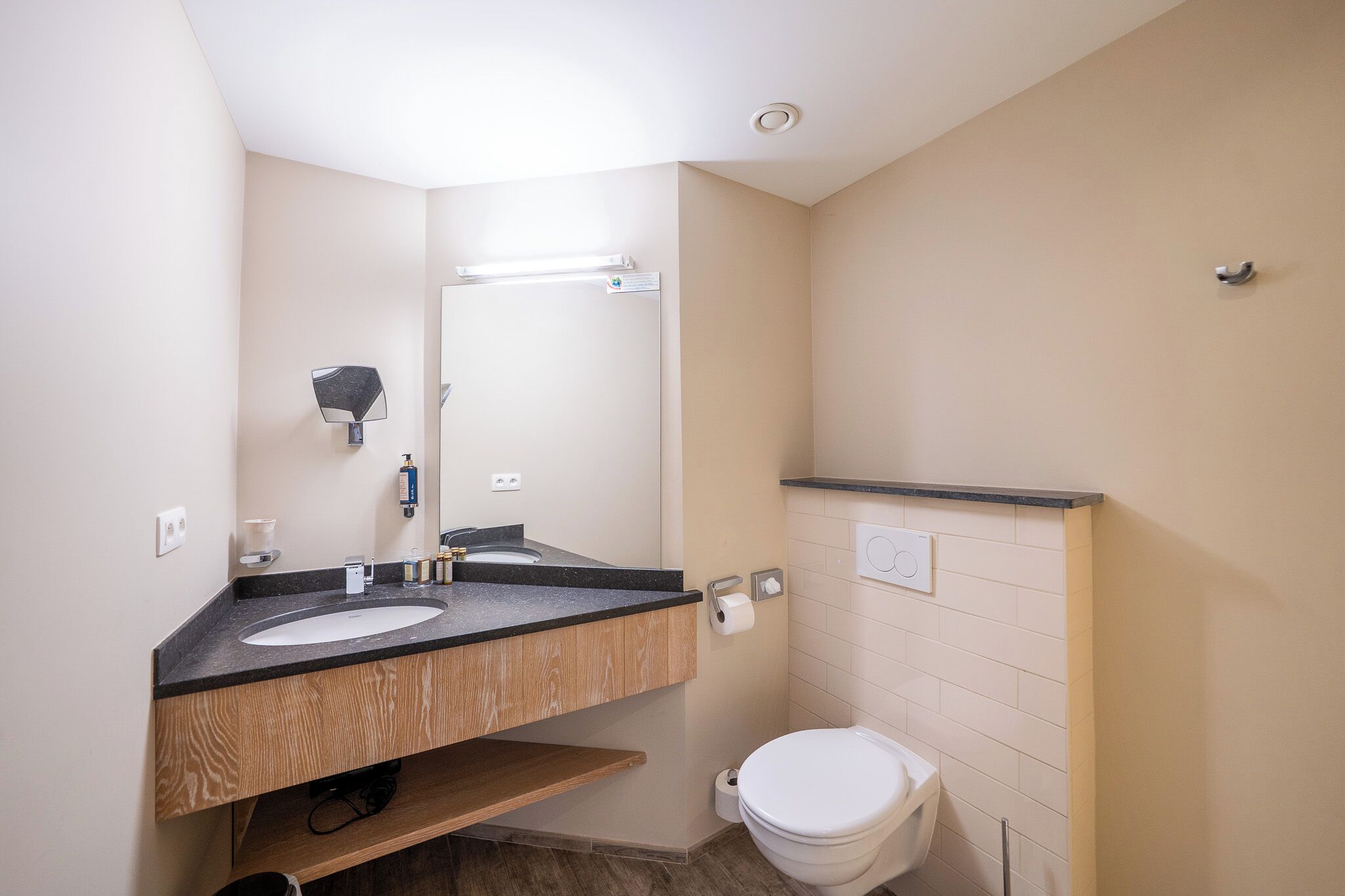 A bathroom with a wooden vanity, a white sink, a mirror, a toilet, and a light fixture.