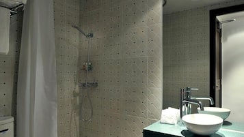 Shower, rainfall showerhead, hair dryer, slippers
