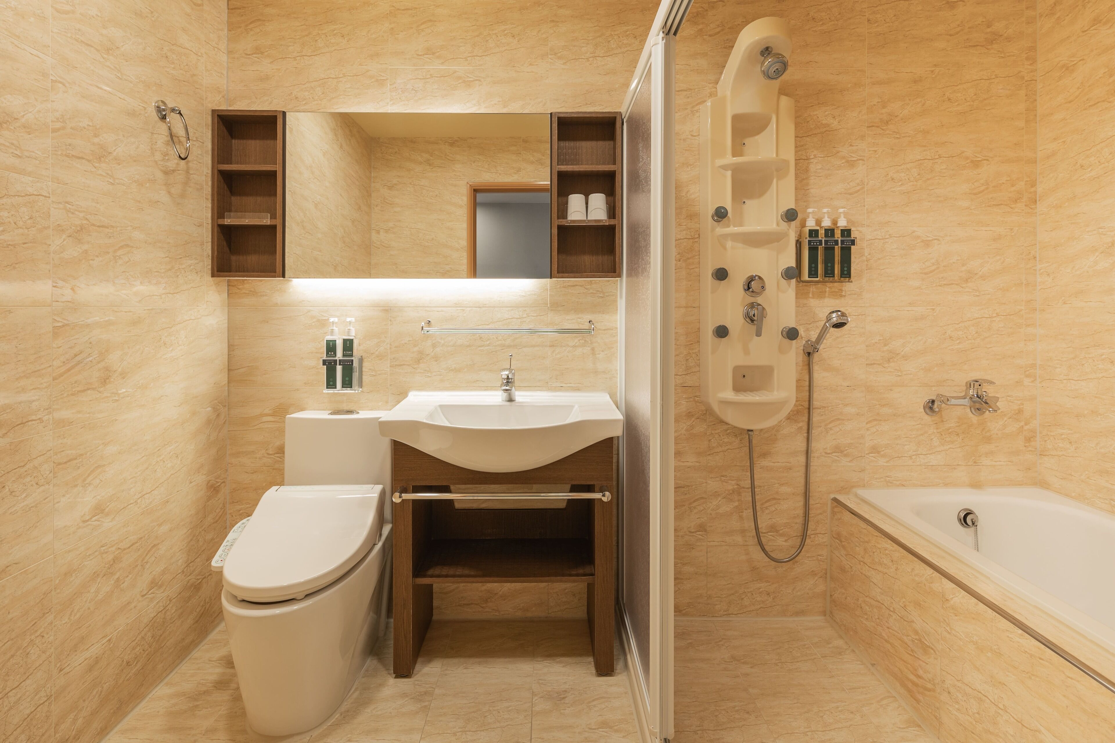 shower, hydromassage showerhead, hair dryer, slippers