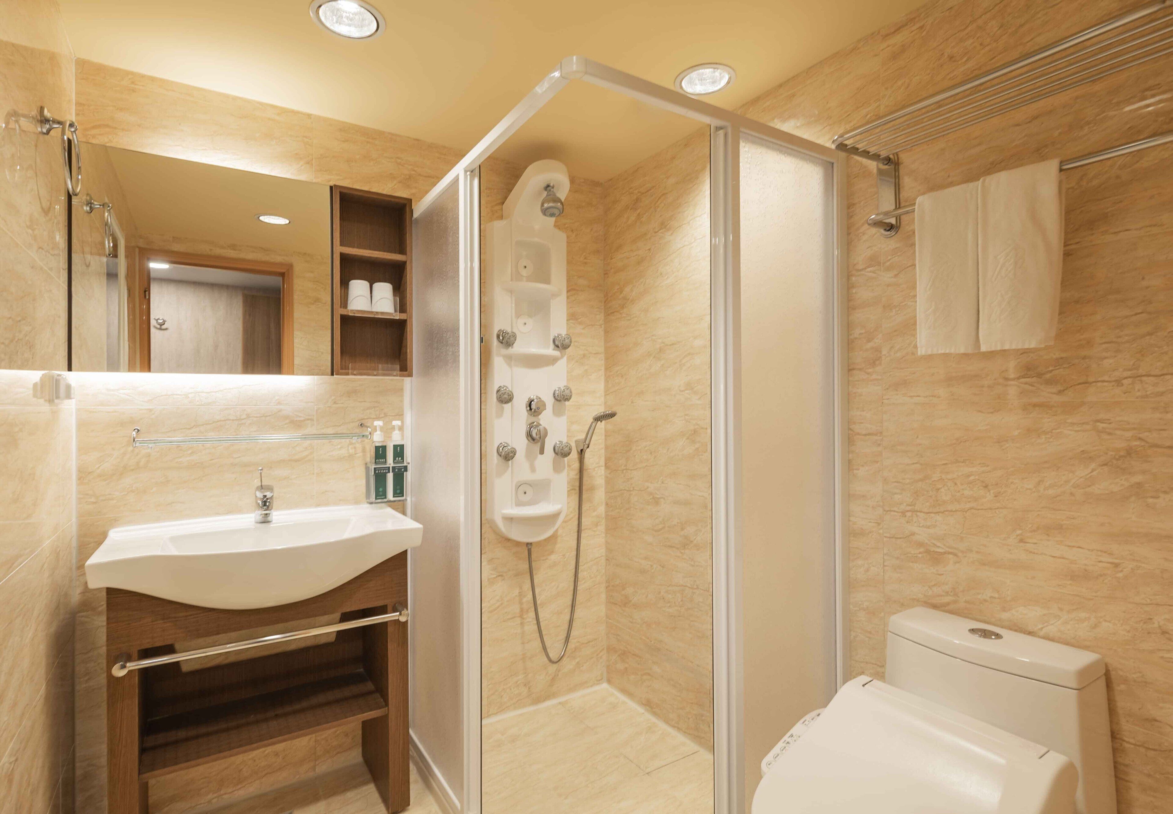 shower, hydromassage showerhead, hair dryer, slippers