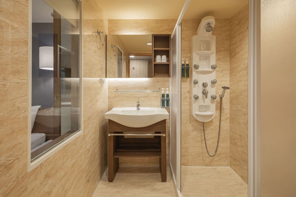 standard double room | bathroom | shower, hydromassage showerhead, hair dryer, slippers