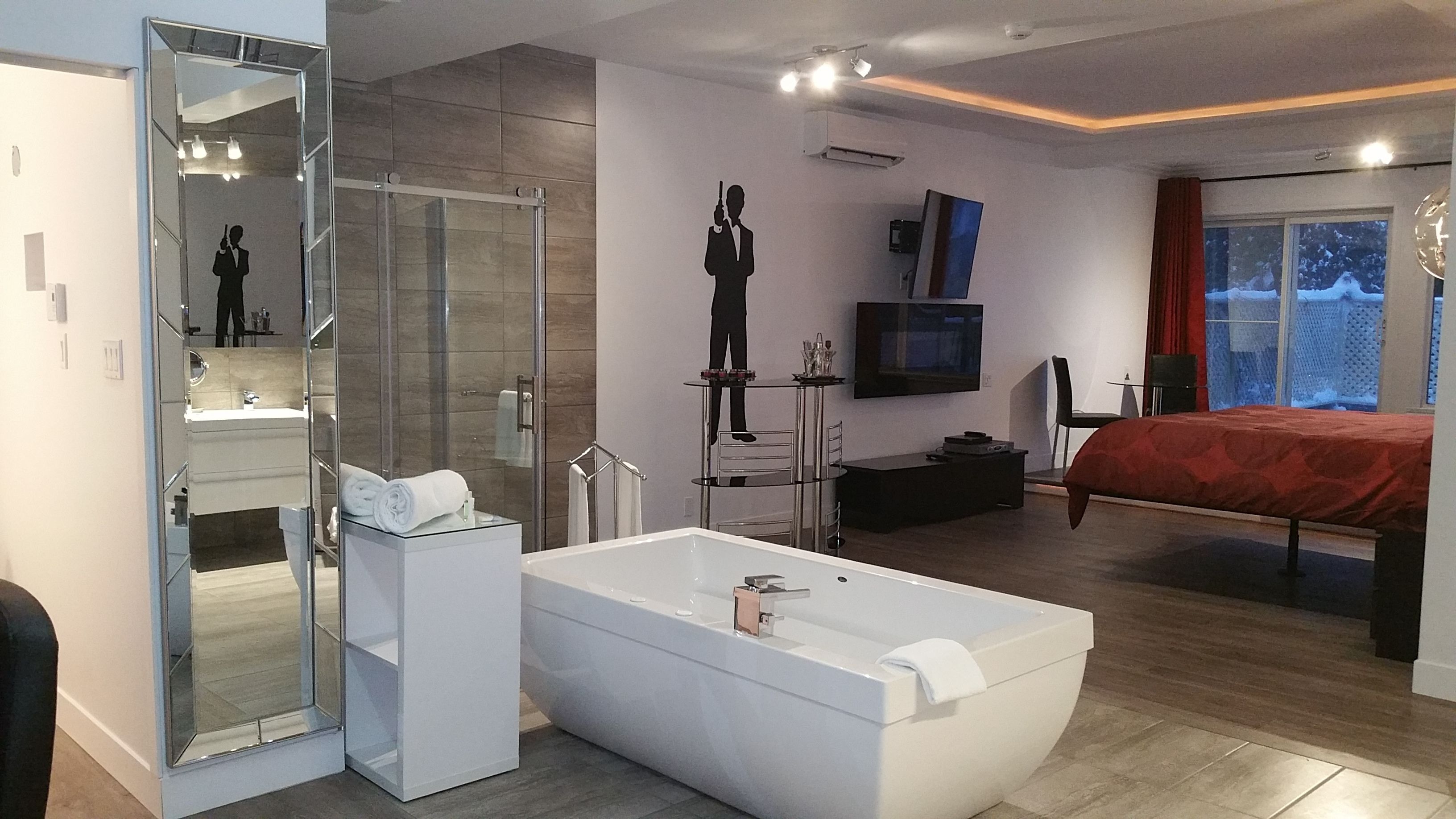 A modern bedroom with a large bed, a walk-in closet, a glass-enclosed shower, a flat-screen TV, and a view of the outdoors.