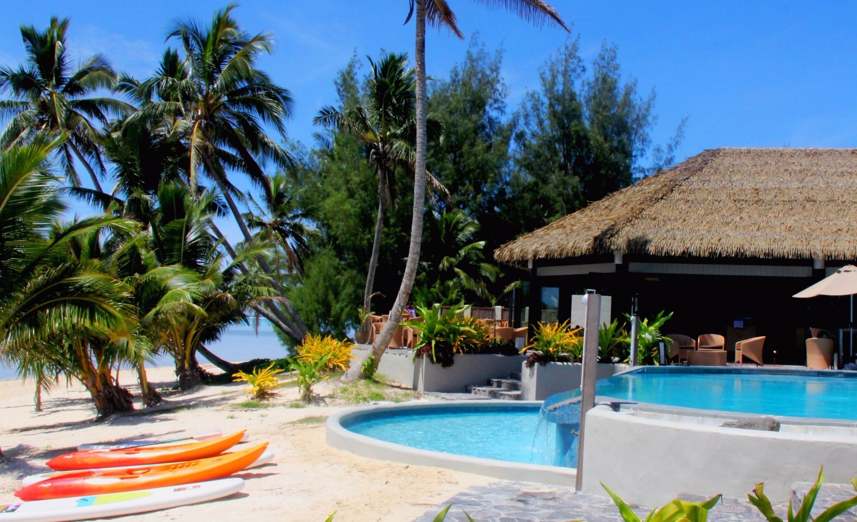 A pool area with a thatched-roof structure, palm trees, and kayaks.