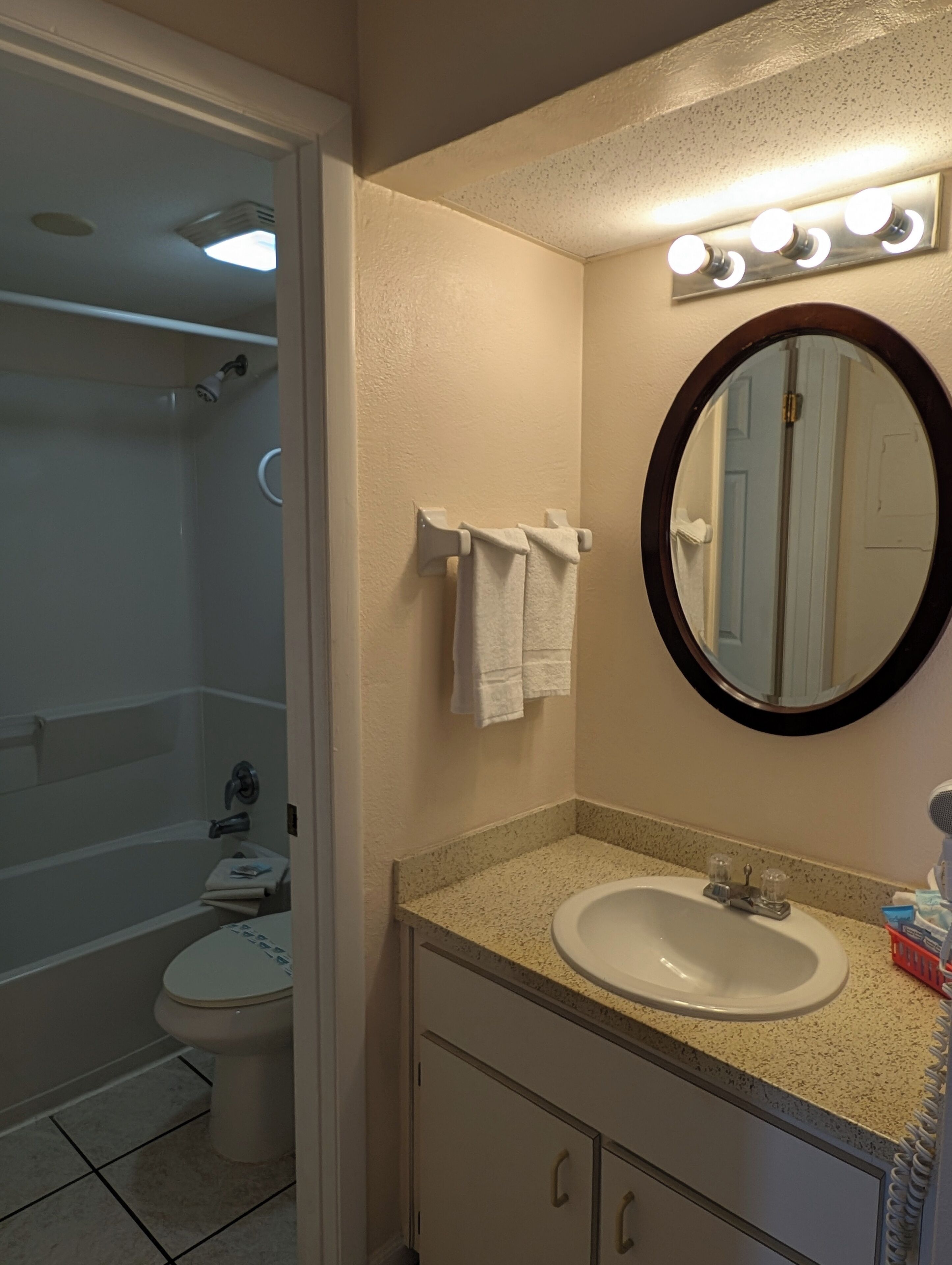 A bathroom with a toilet, sink, and shower.