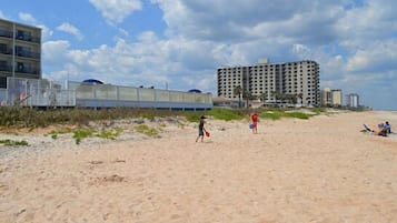 On the beach, sun-loungers, beach umbrellas, beach towels