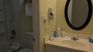 A bathroom with a toilet, sink, and shower. There is a hairdryer on the wall and a mirror above the sink.