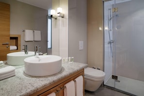 Shower, rainfall showerhead, eco-friendly toiletries, hair dryer