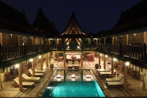 Outdoor pool, pool umbrellas, pool loungers
