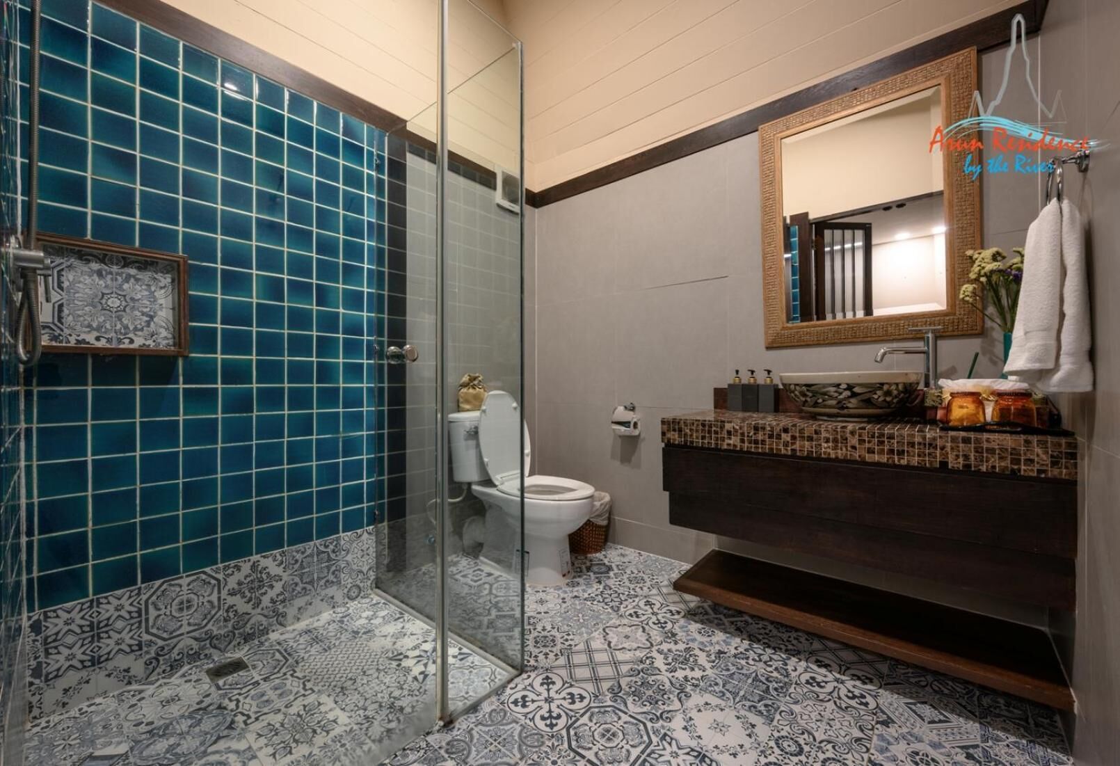 shower, slippers, towels