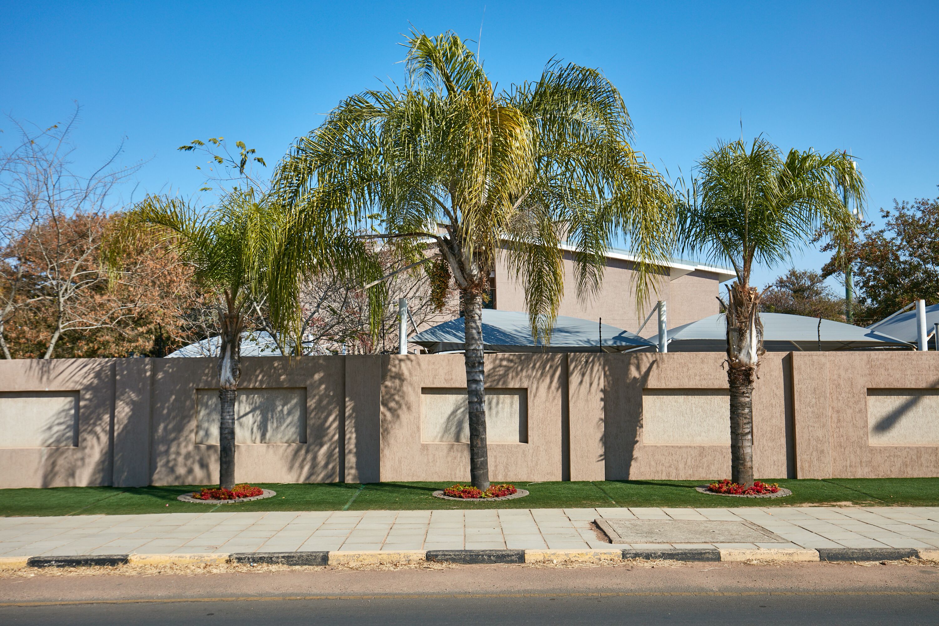 A modern building with a concrete facade, a well-maintained lawn, and several palm trees.