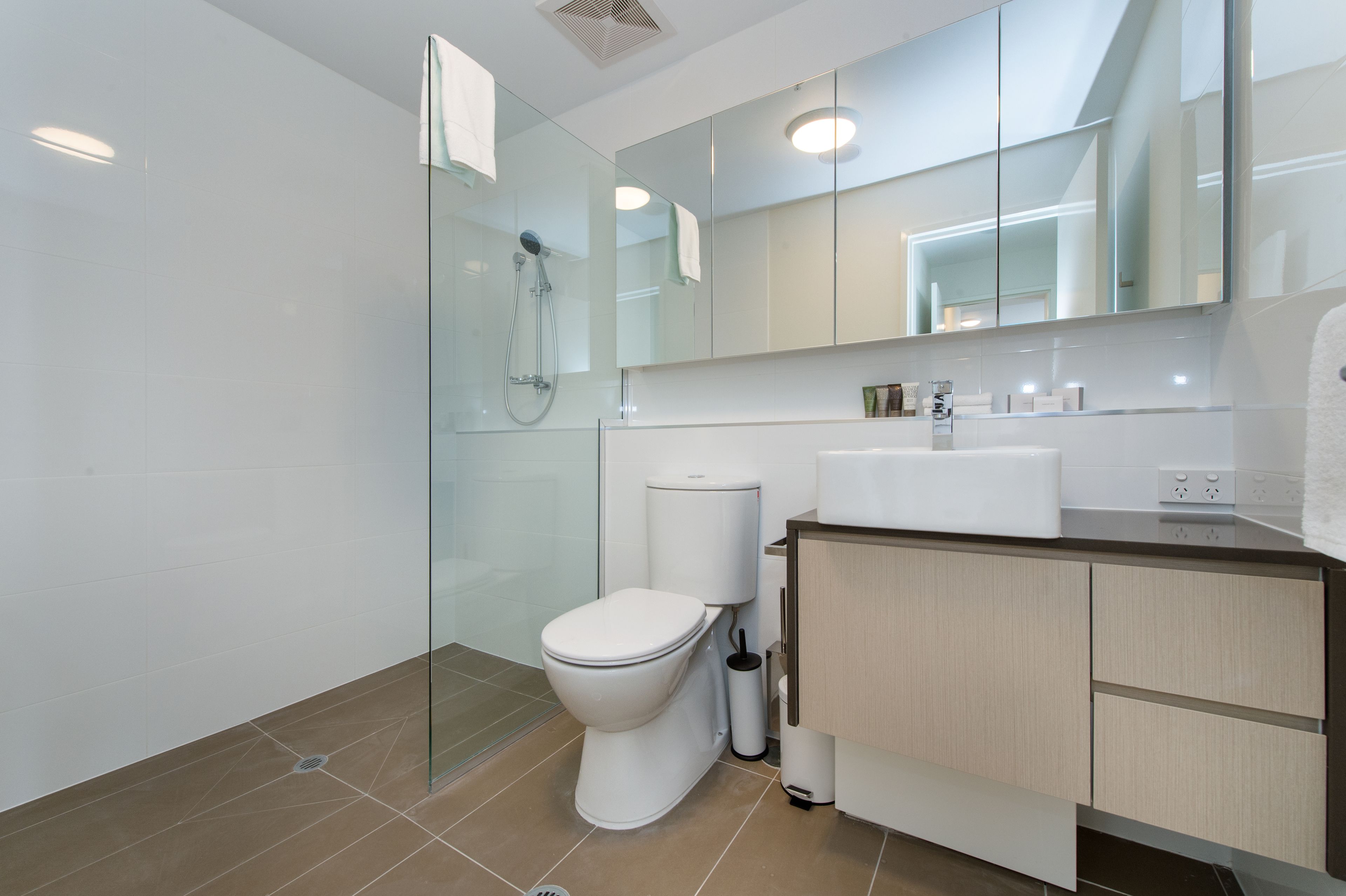 A modern bathroom with a glass shower enclosure, a white toilet, and a wooden vanity with a mirror above.