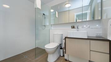 A modern bathroom with a glass shower enclosure, a white toilet, and a wooden vanity with a mirror above.